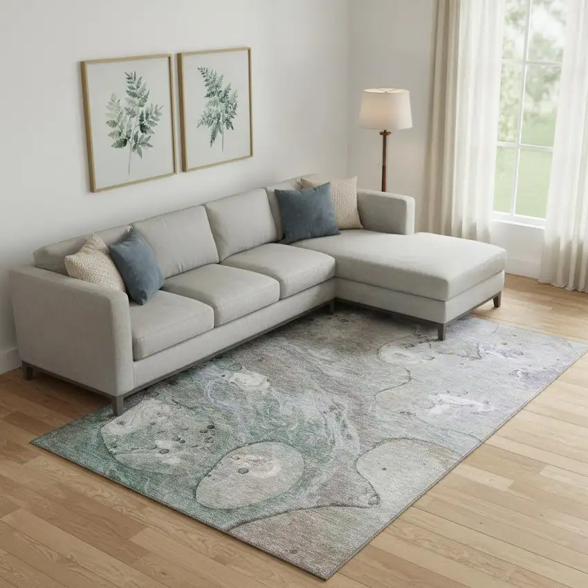 Khaki Beige And Purple Abstract Washable Area Rug With UV Protection Photo 2