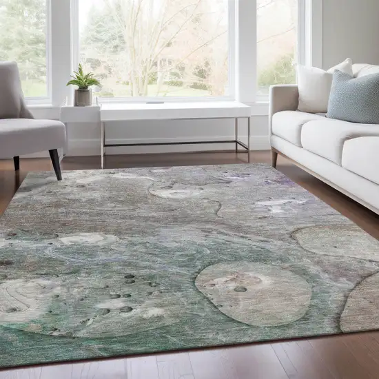 Khaki Beige And Purple Abstract Washable Indoor Outdoor Area Rug Photo 6