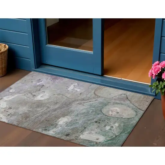 Khaki Beige And Purple Abstract Washable Indoor Outdoor Area Rug Photo 2