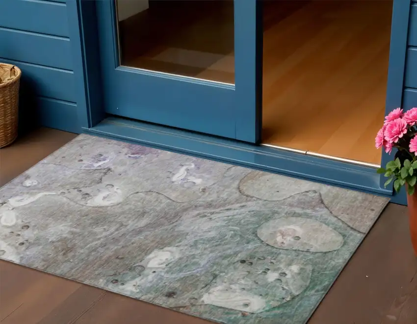 Khaki Beige And Purple Abstract Washable Indoor Outdoor Area Rug Photo 2