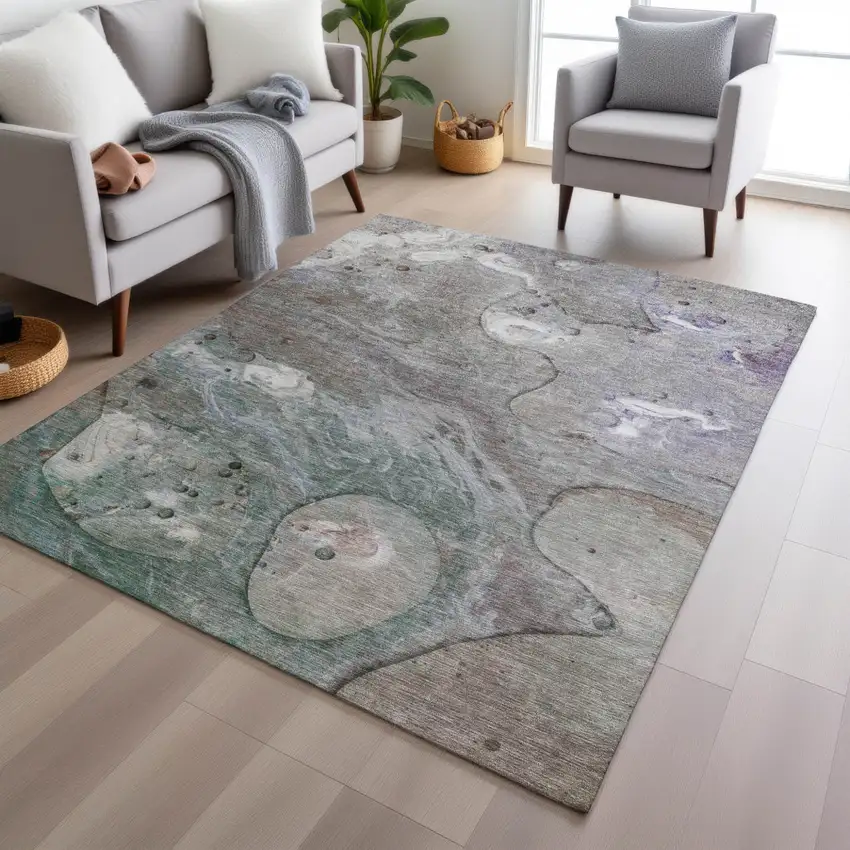 Khaki Beige And Purple Abstract Washable Indoor Outdoor Area Rug Photo 5