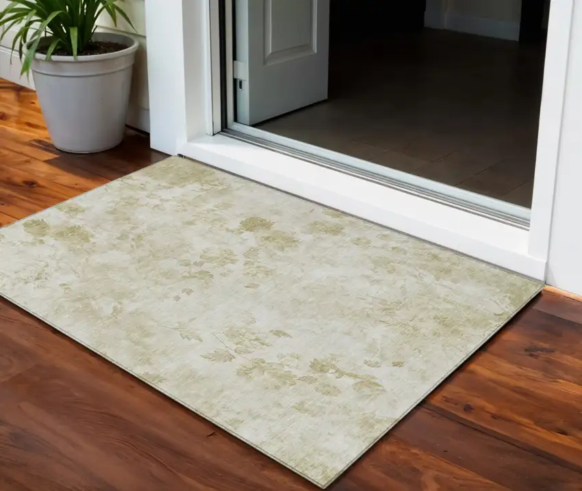 Khaki Beige And Tan Floral Washable Indoor Outdoor Area Rug Photo 1