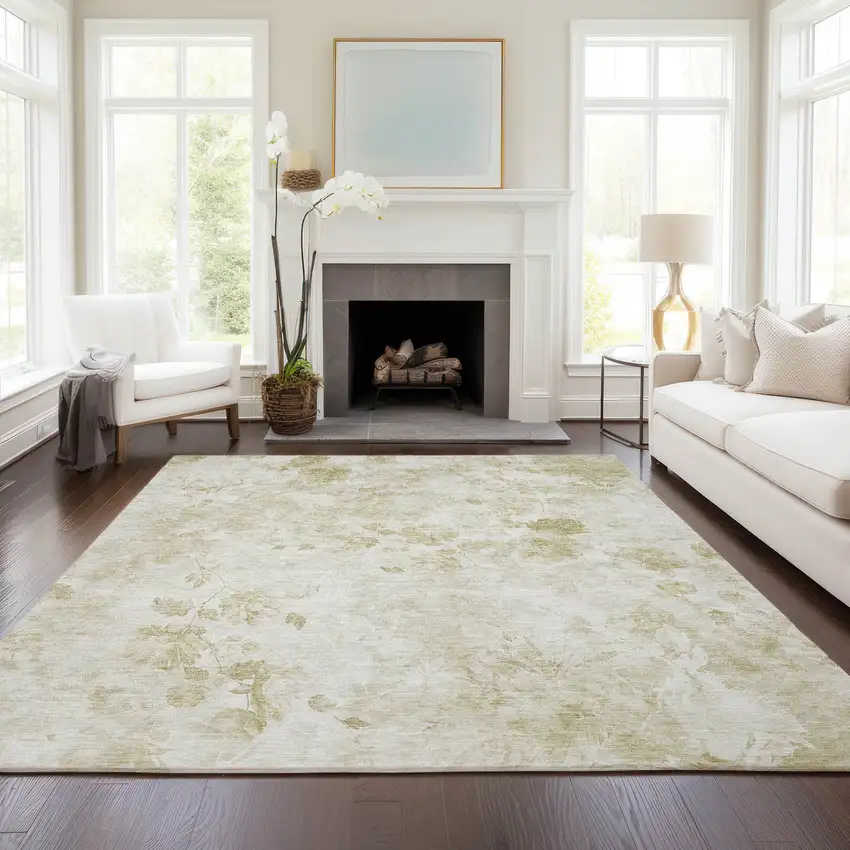 Khaki Beige And Tan Floral Washable Indoor Outdoor Area Rug Photo 7