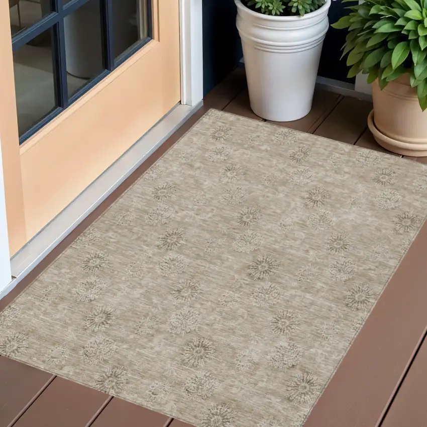 Khaki Beige And Tan Floral Washable Indoor Outdoor Area Rug Photo 1