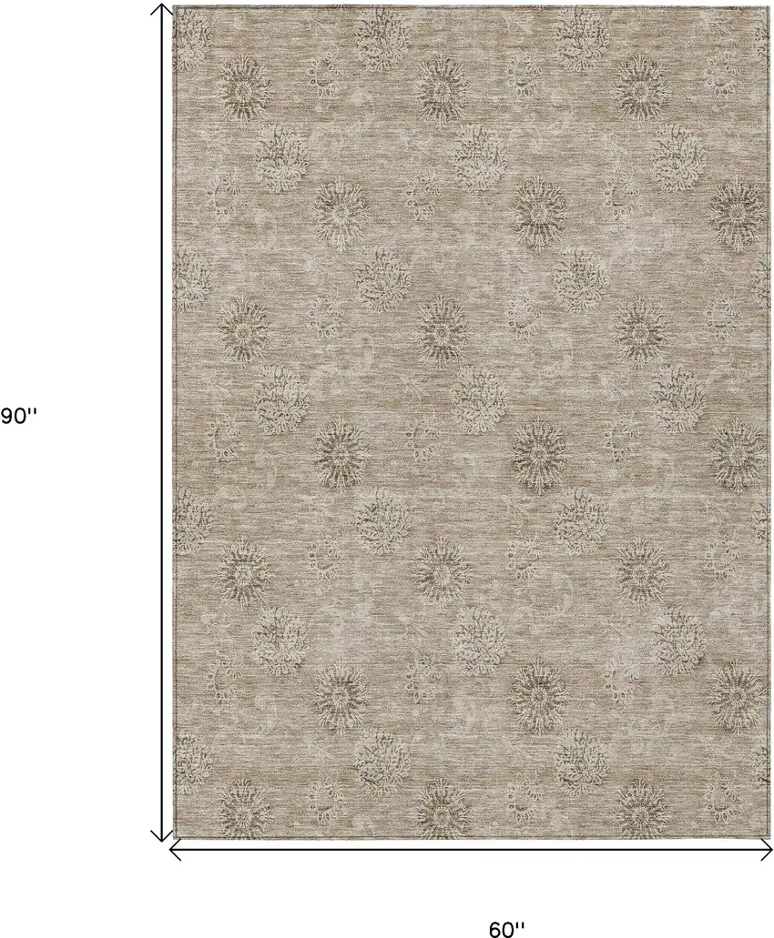 Khaki Beige And Tan Floral Washable Indoor Outdoor Area Rug Photo 3