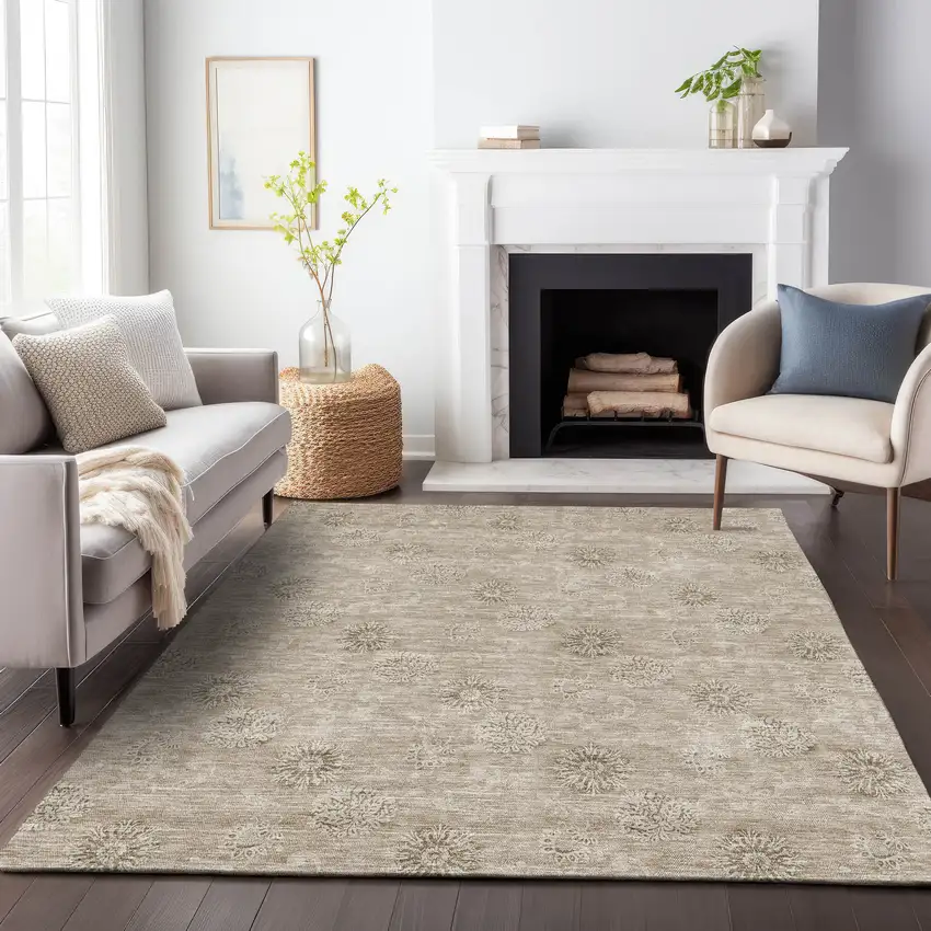 Khaki Beige And Tan Floral Washable Indoor Outdoor Area Rug Photo 9