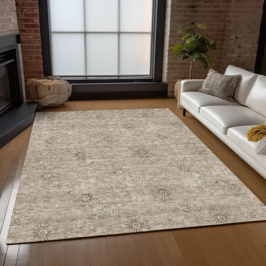 Khaki Beige And Tan Floral Washable Indoor Outdoor Area Rug Photo 9