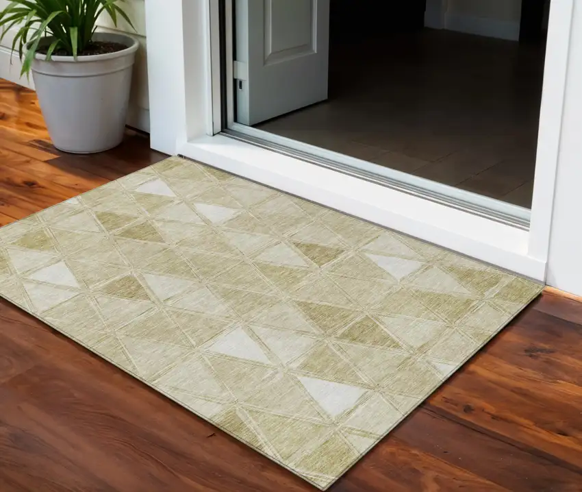 Khaki Beige And Tan Geometric Washable Indoor Outdoor Area Rug Photo 1