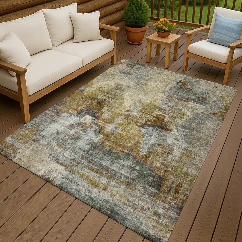 Khaki Beige And Taupe Abstract Washable Indoor Outdoor Area Rug Photo 9