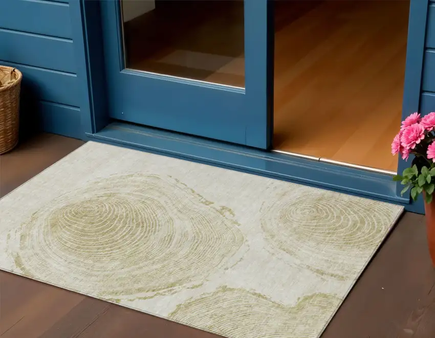 Khaki Beige And Taupe Abstract Washable Indoor Outdoor Area Rug Photo 1