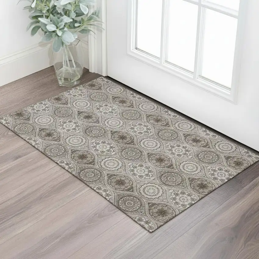 Khaki Beige And Taupe Ogee Washable Area Rug With UV Protection Photo 2