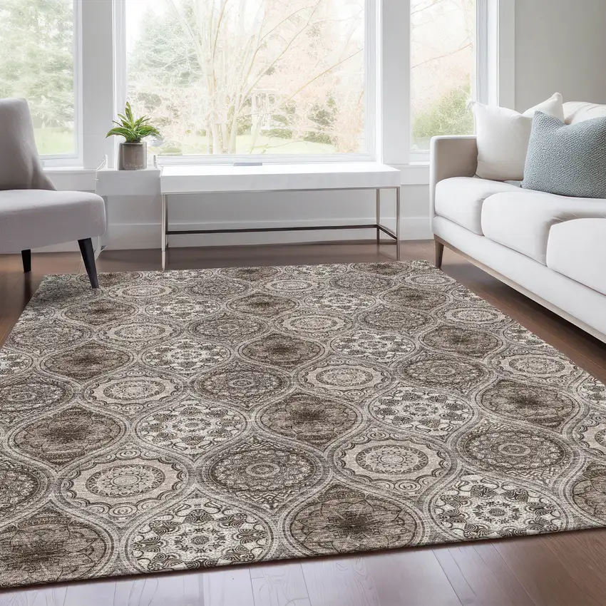 Khaki Beige And Taupe Ogee Washable Area Rug With UV Protection Photo 5