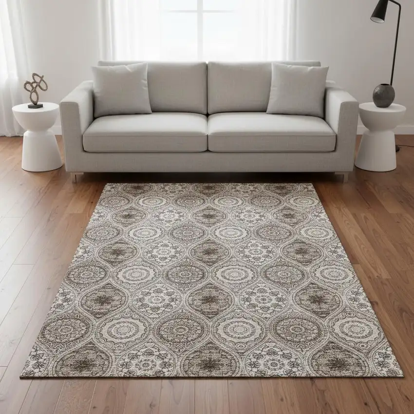 Khaki Beige And Taupe Ogee Washable Area Rug With UV Protection Photo 2