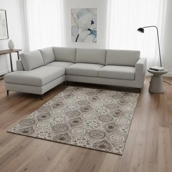 Khaki Beige And Taupe Ogee Washable Area Rug With UV Protection Photo 2