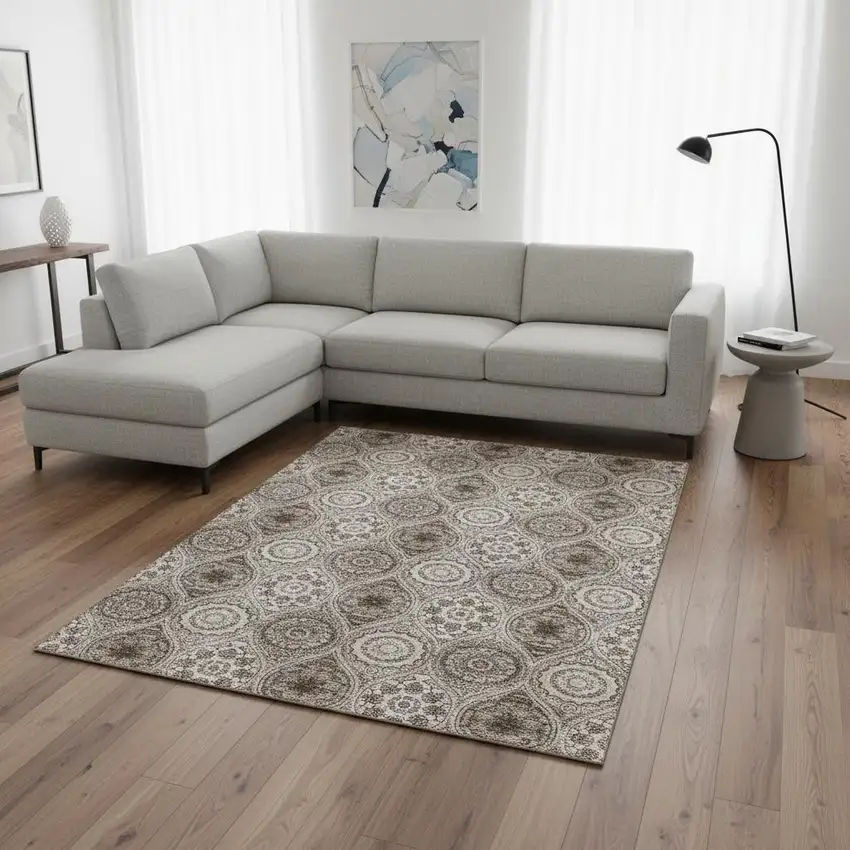 Khaki Beige And Taupe Ogee Washable Area Rug With UV Protection Photo 2