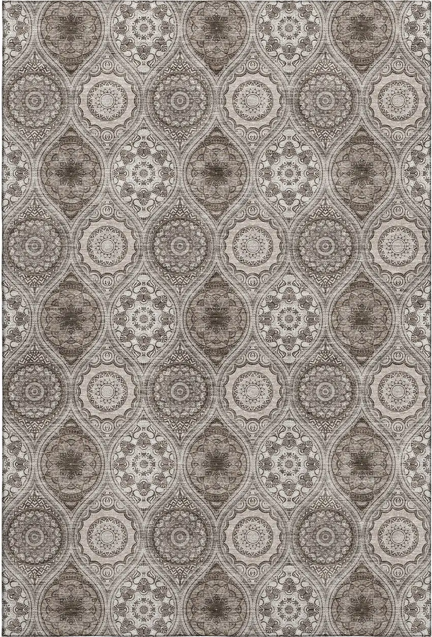Khaki Beige And Taupe Ogee Washable Area Rug With UV Protection Photo 1