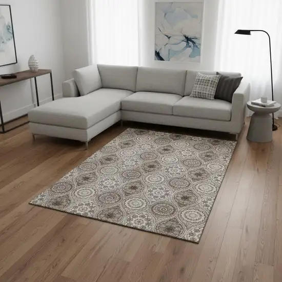 Khaki Beige And Taupe Ogee Washable Area Rug With UV Protection Photo 2