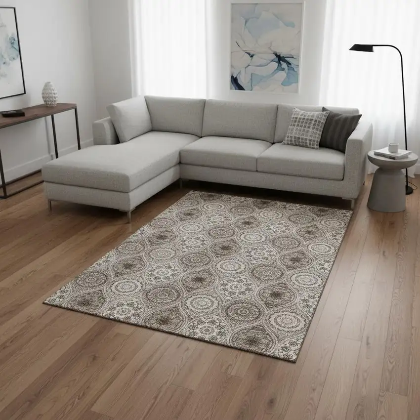 Khaki Beige And Taupe Ogee Washable Area Rug With UV Protection Photo 2