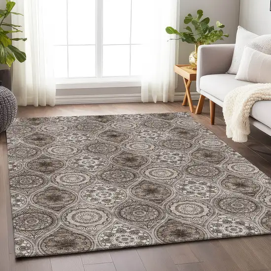 Khaki Beige And Taupe Ogee Washable Area Rug With UV Protection Photo 4