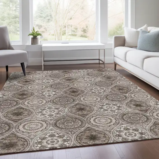 Khaki Beige And Taupe Ogee Washable Area Rug With UV Protection Photo 5