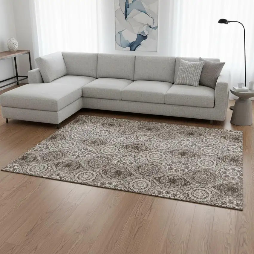 Khaki Beige And Taupe Ogee Washable Area Rug With UV Protection Photo 2