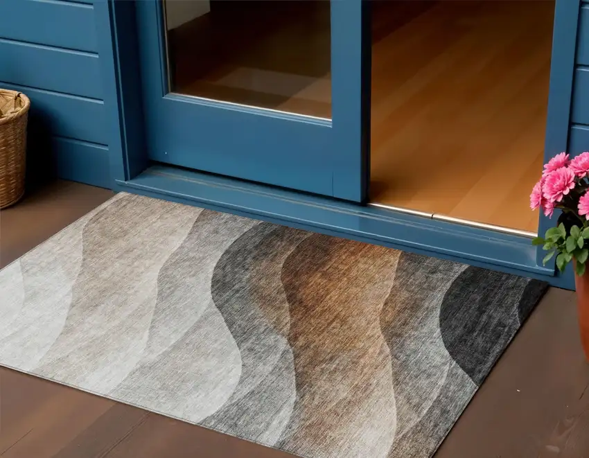 Khaki Black And Terra Cotta Abstract Washable Indoor Outdoor Area Rug Photo 1