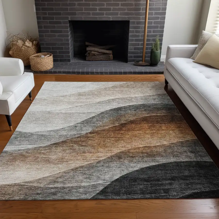 Khaki Black And Terra Cotta Abstract Washable Indoor Outdoor Area Rug Photo 9