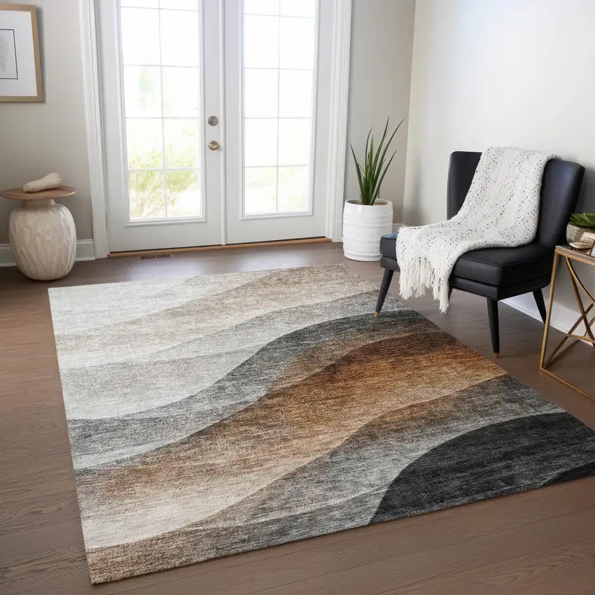Khaki Black And Terra Cotta Abstract Washable Indoor Outdoor Area Rug Photo 9