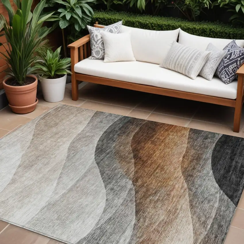 Khaki Black And Terra Cotta Abstract Washable Indoor Outdoor Area Rug Photo 1