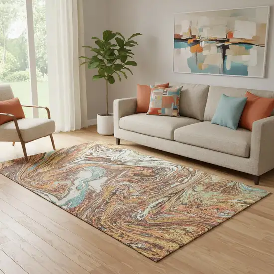 Khaki Blue And Copper Abstract Washable Area Rug With UV Protection Photo 2