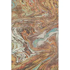 Photo of Khaki Blue And Copper Abstract Washable Area Rug With UV Protection