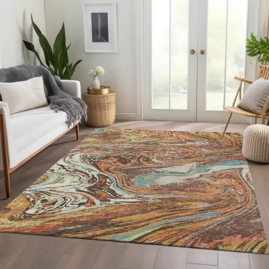 Khaki Blue And Copper Abstract Washable Area Rug With UV Protection Photo 5