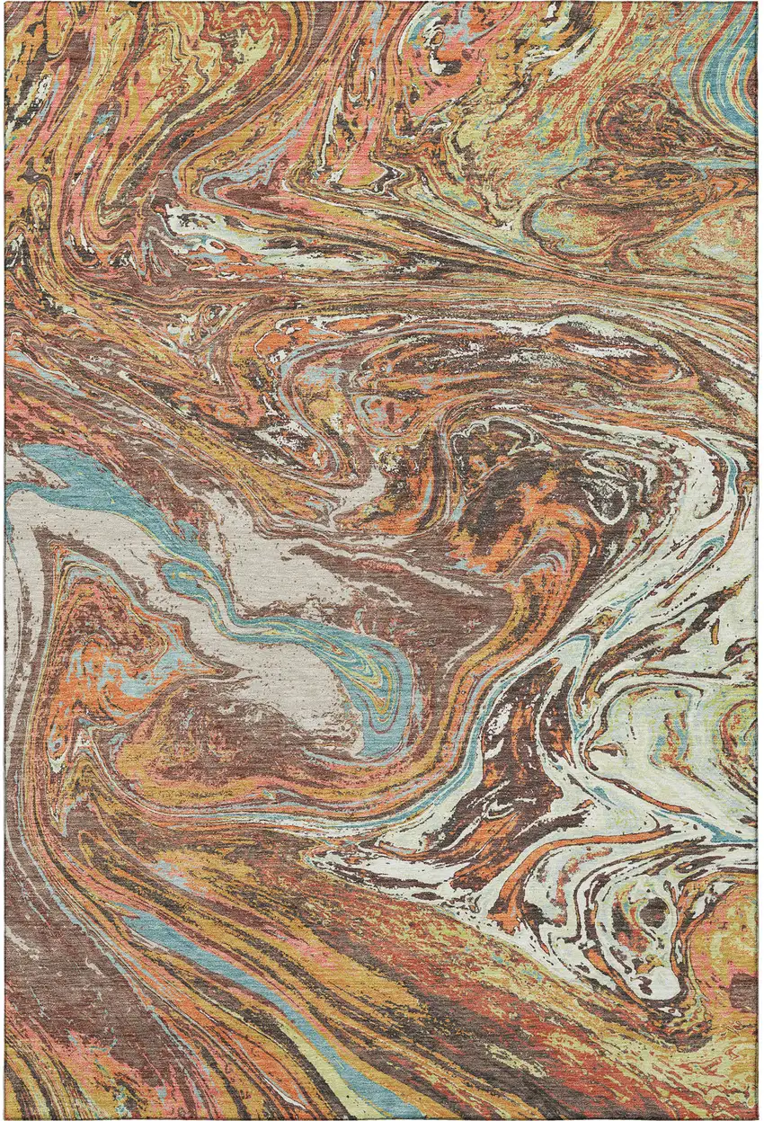 Khaki Blue And Copper Abstract Washable Area Rug With UV Protection Photo 3