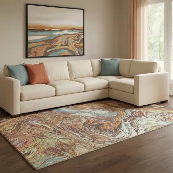 Khaki Blue And Copper Abstract Washable Area Rug With UV Protection Photo 2