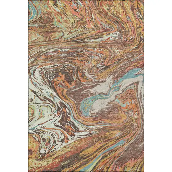 Khaki Blue And Copper Abstract Washable Area Rug With UV Protection Photo 1