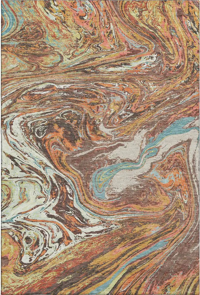 Khaki Blue And Copper Abstract Washable Area Rug With UV Protection Photo 1