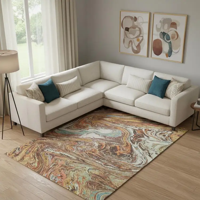 Khaki Blue And Copper Abstract Washable Area Rug With UV Protection Photo 2