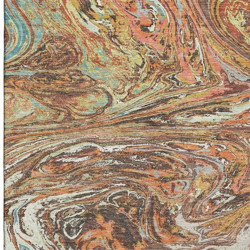 Khaki Blue And Copper Abstract Washable Area Rug With UV Protection Photo 2