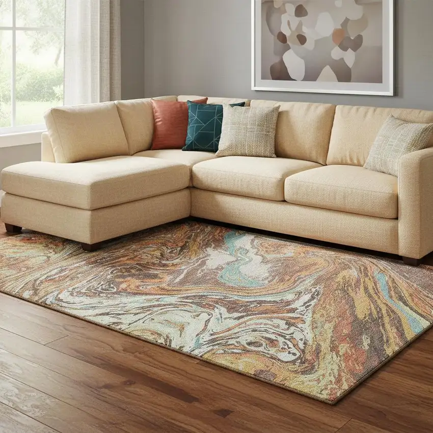 Khaki Blue And Copper Abstract Washable Area Rug With UV Protection Photo 2