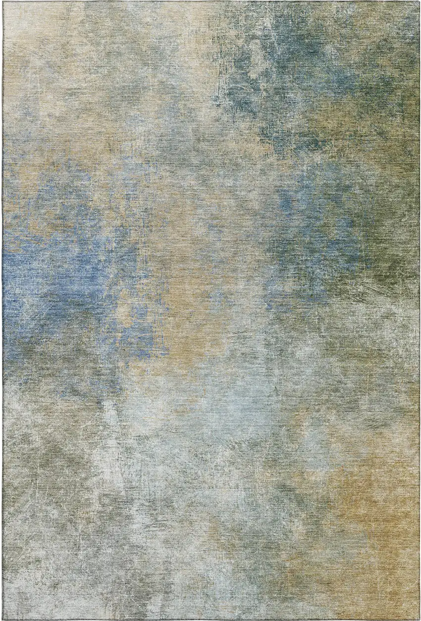 Khaki Blue And Gold Abstract Washable Area Rug With UV Protection Photo 1