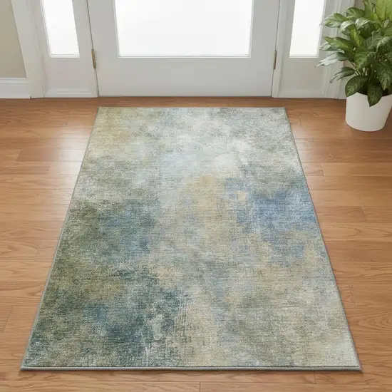 Khaki Blue And Gold Abstract Washable Area Rug With UV Protection Photo 2