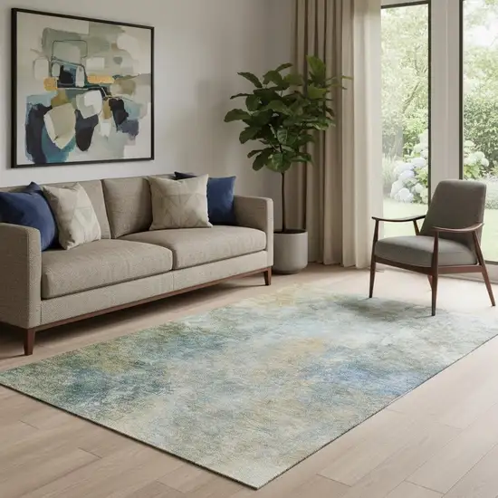 Khaki Blue And Gold Abstract Washable Area Rug With UV Protection Photo 2