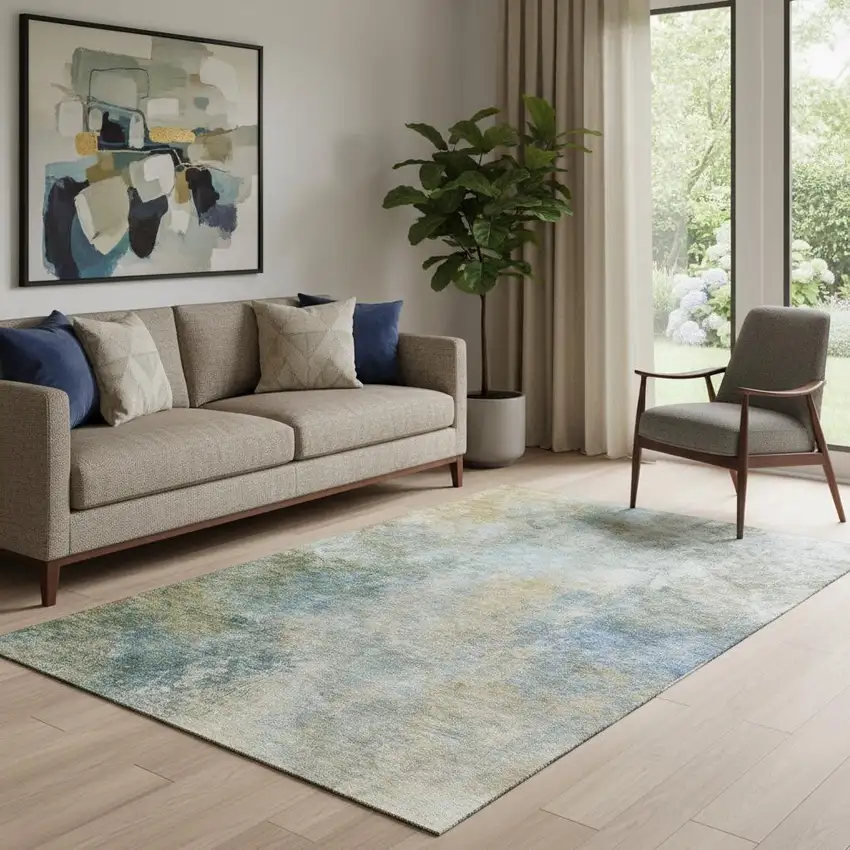 Khaki Blue And Gold Abstract Washable Area Rug With UV Protection Photo 2