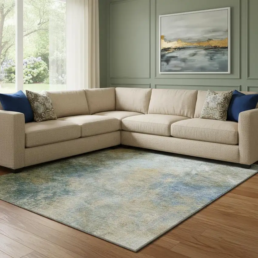 Khaki Blue And Gold Abstract Washable Area Rug With UV Protection Photo 2