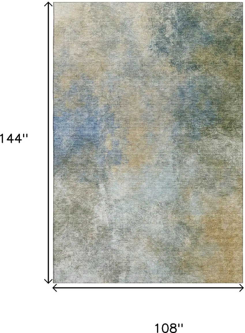Khaki Blue And Gold Abstract Washable Area Rug With UV Protection Photo 9
