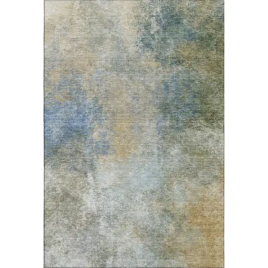 Khaki Blue And Gold Abstract Washable Area Rug With UV Protection Photo 1