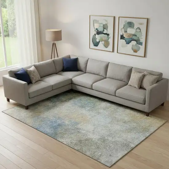 Khaki Blue And Gold Abstract Washable Area Rug With UV Protection Photo 2