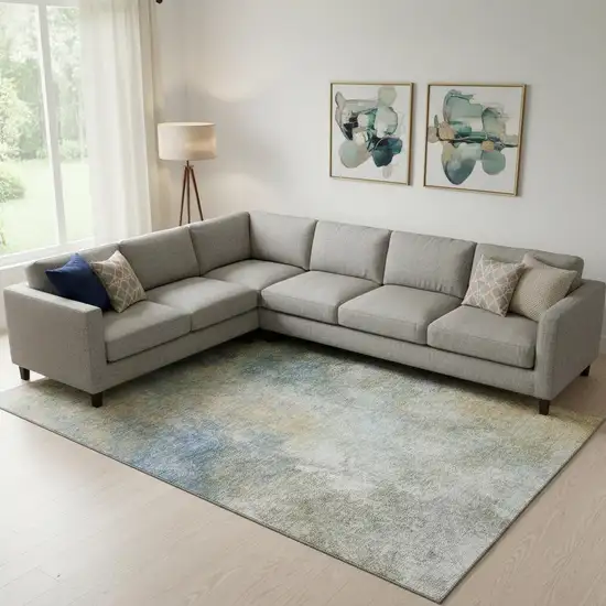 Khaki Blue And Gold Abstract Washable Area Rug With UV Protection Photo 2