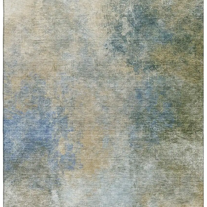 Khaki Blue And Gold Abstract Washable Area Rug With UV Protection Photo 4