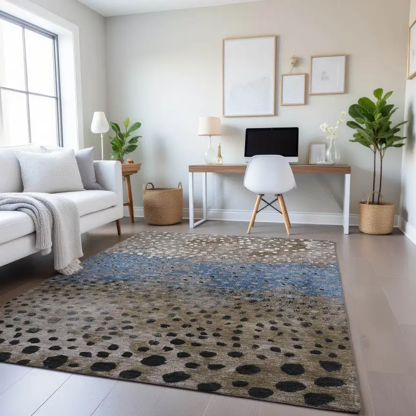 Khaki Blue And Ivory Polka Dot Washable Area Rug With UV Protection Photo 4